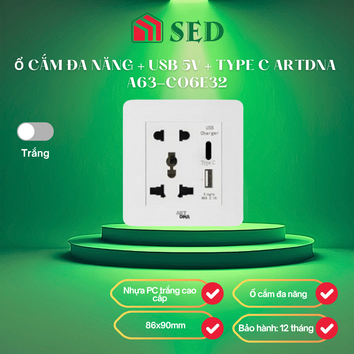Ổ cắm đa năng + USB 5V + TYPE C ARTDNA  A63-C06E32