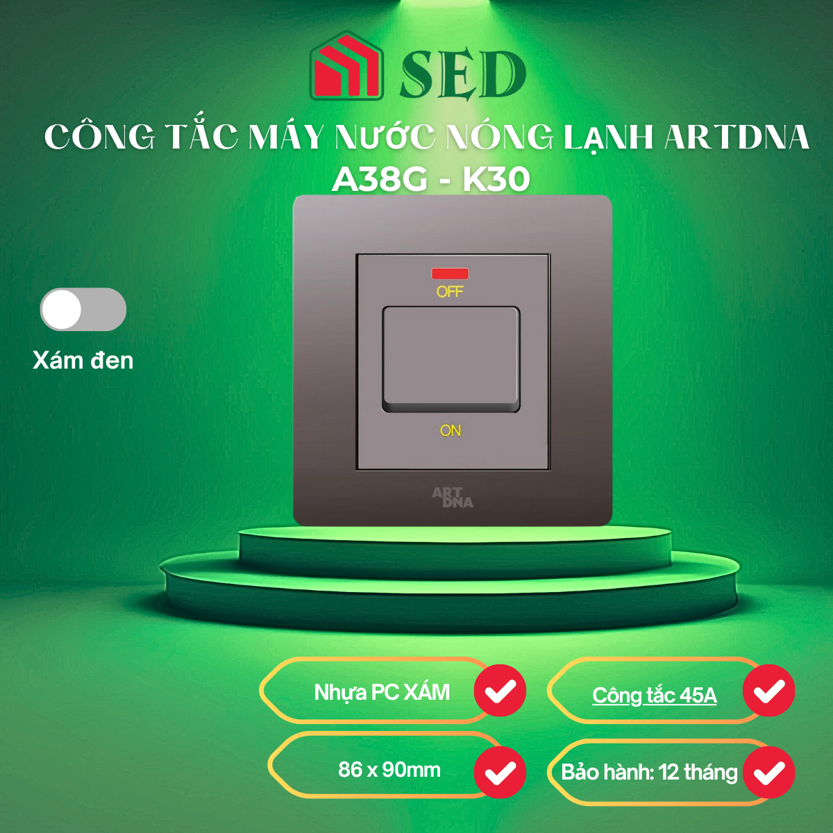 Công tắc máy nước nóng lạnh ARTDNA A38G - K30