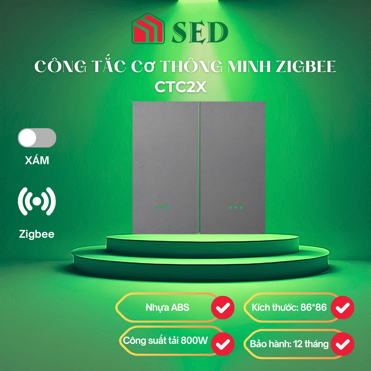 Công tắc cơ Zigbee DOFA SMART thông minh màu xám 2 nút