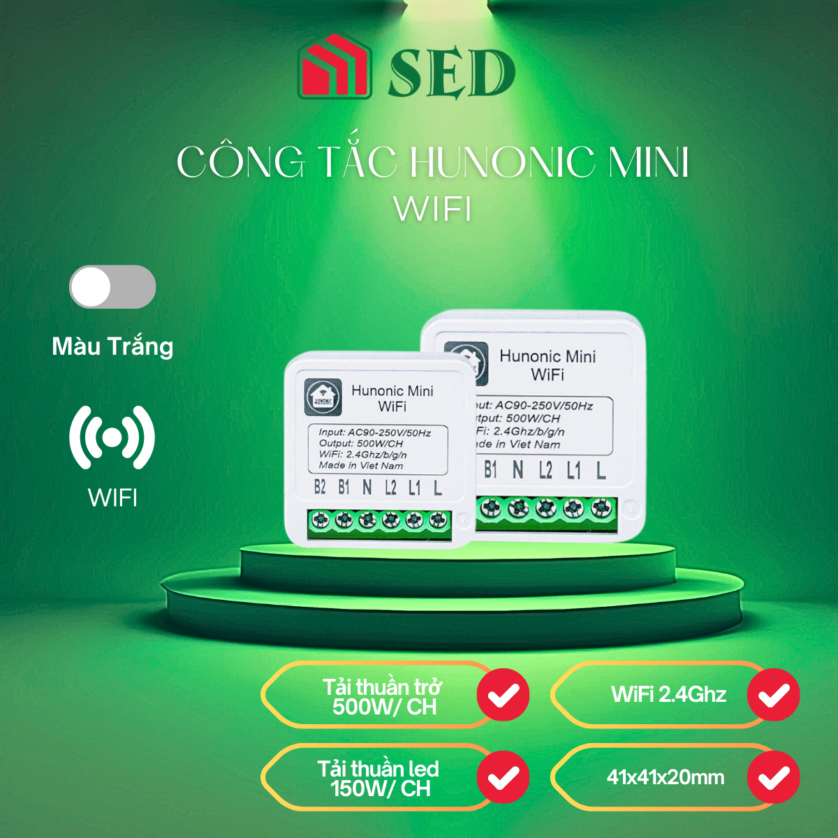 Công tắc Hunonic mini, lắp âm đế điều khiển wifi