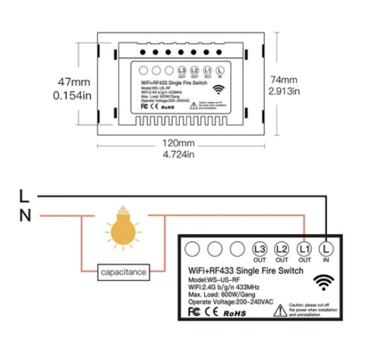 Công tắc cảm ứng gắn tường thông minh WiFi RF433 WRS-US1-L220-WH-MS