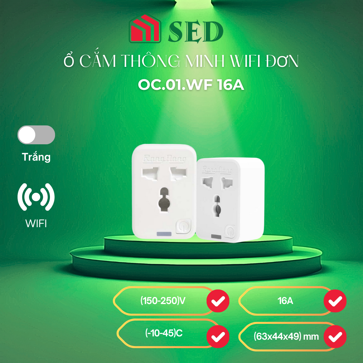 Ổ cắm thông minh wifi đơn Rạng Đông OC.01.WF 16A