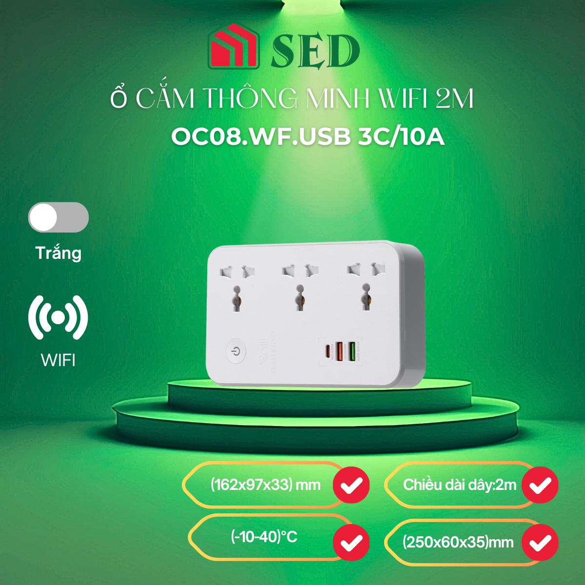 Ổ cắm thông minh Wifi Rạng Đông OC08.WF.USB 3C/10A