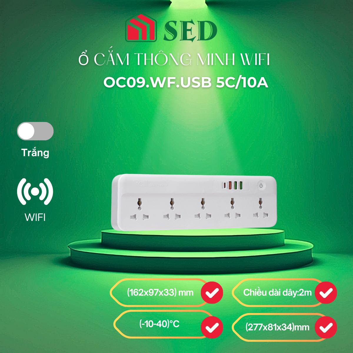 Ổ cắm thông minh Wifi Rạng Đông OC09.WF.USB 5C/10A