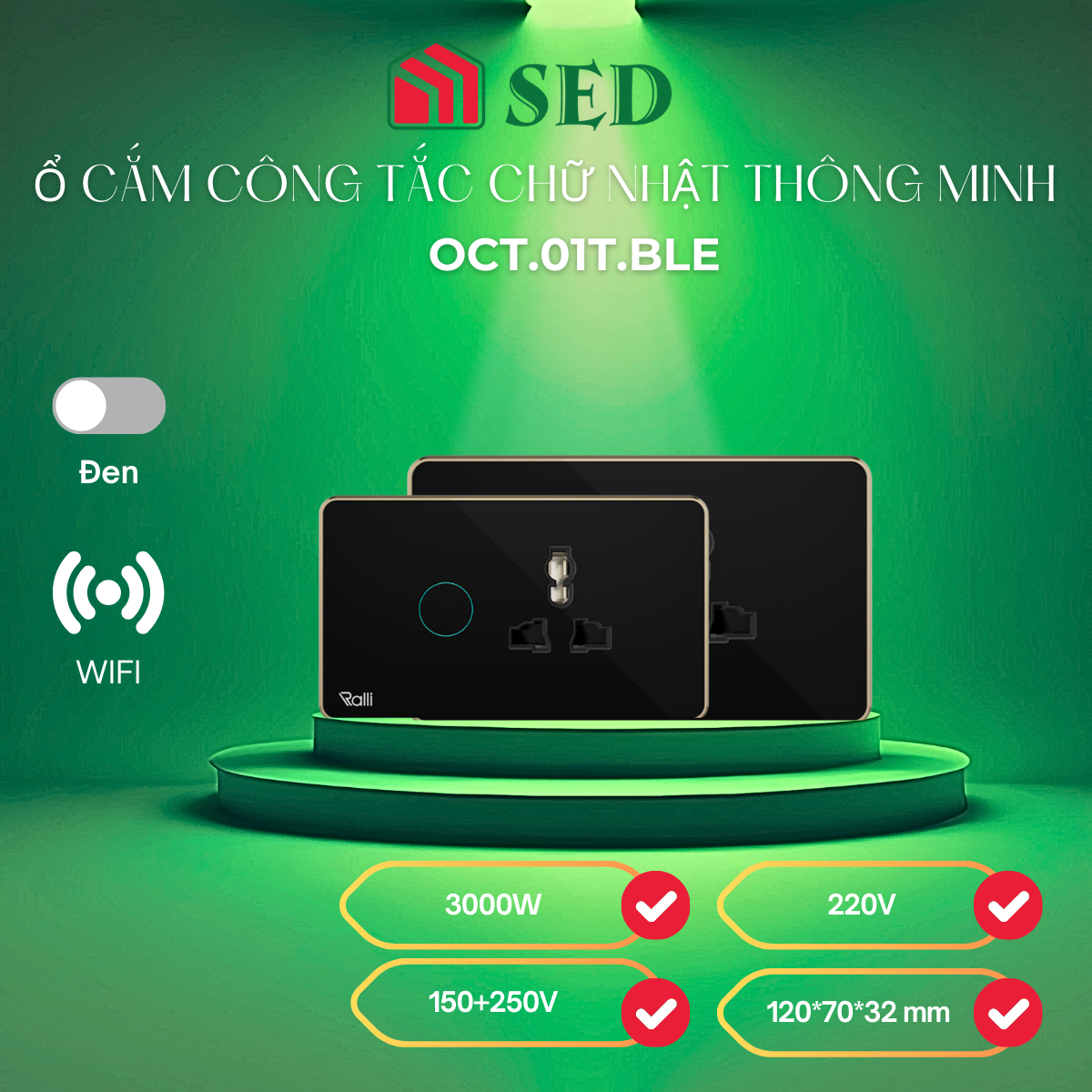 Ổ cắm công tắc chữ nhật thông minh Rạng Đông OCT.01T.BLE